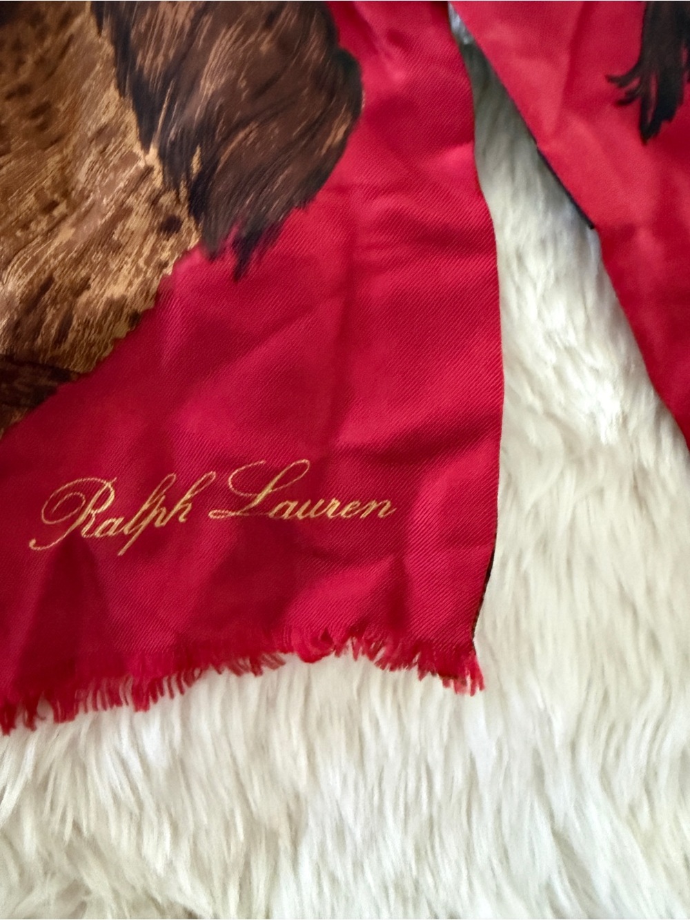 Equestrian Print Red Silk Scarf by Ralph Lauren Vintage ascot - Picture 7 of 14